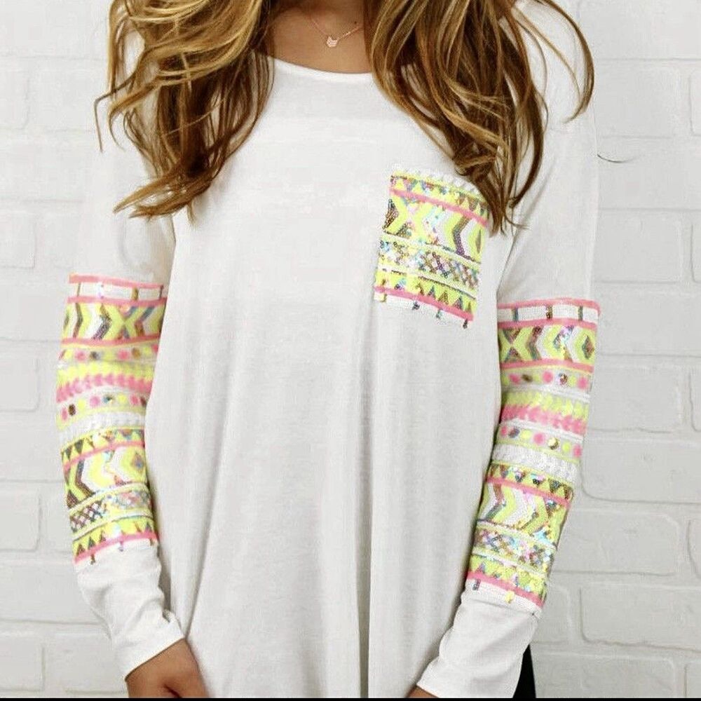 PINK OWL T-Shirt Long Sleeve Top White With Pink Yellow Bling Sequins